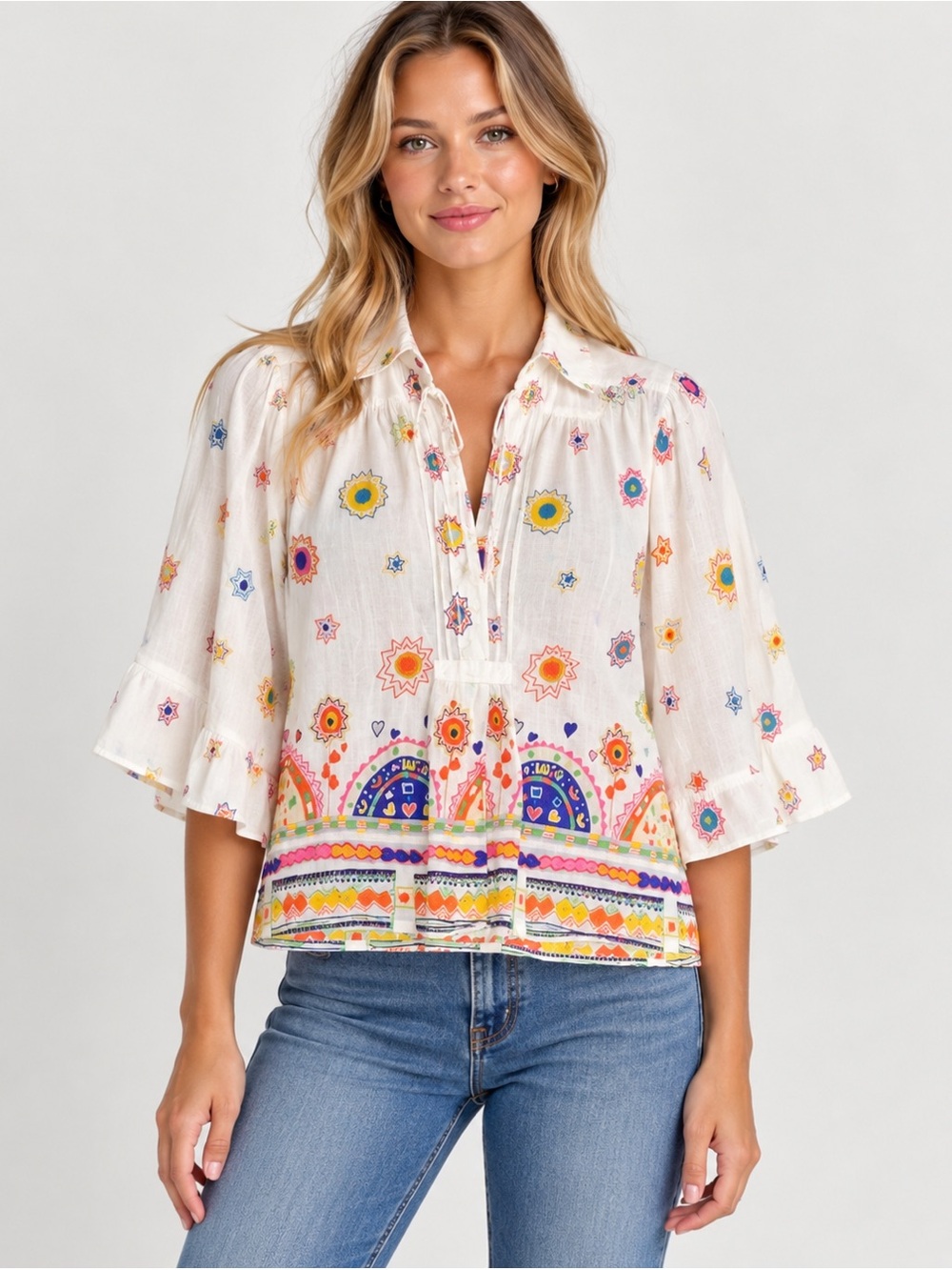 Anthropologie Maeve Women’s L Eliot Popover Blouse Bell Sleeve Boho colorful